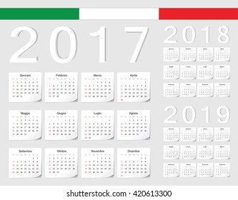 Set of Italian 2017, 2018, 2019 vector calendars with shadow angles. Week starts from Sunday.