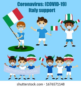 Set of italian boys with national flags. Italian men in medical masks. Coronavirus Covid 2019. People with national Italy flags in respirators. CoV Medical mask.
