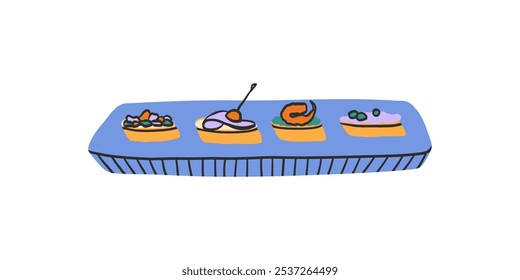 Set of Italian bruschettas. Snacks set in a flat style. Handmade ceramics. Colorful bright vector illustration in modern style isolated on a white background