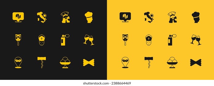 Set Italian cook, Wine corkscrew, Perfume, Ice cream the bowl, Pope, Roman army helmet, Flag Italy and Map of icon. Vector