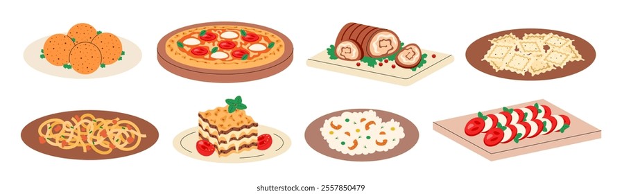 Set Italian cuisine, food, dish. Pizza, lasagna, pasta tagliatelle bolognese, ravioli, risotto, arancini, porchetta, caprese. Sticker collection, design element. Vector illustration