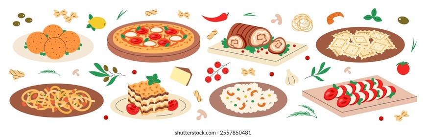 Set Italian cuisine, food, dish. Pizza, lasagna, pasta tagliatelle bolognese, ravioli, risotto, arancini, porchetta, caprese. Sticker collection, design element. Vector illustration