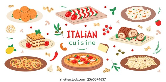 Set of Italian cuisine, food, dish. Pizza, lasagna, pasta tagliatelle bolognese, ravioli, risotto, arancini, porchetta, caprese. Vector illustration