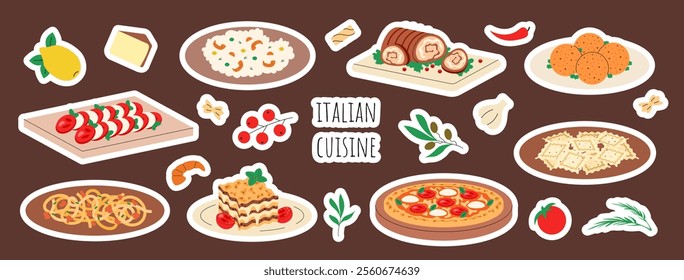 Set of Italian cuisine, food, dish. Pizza, lasagna, pasta tagliatelle bolognese, ravioli, risotto, arancini, porchetta, caprese. Collection of stickers. Vector illustration