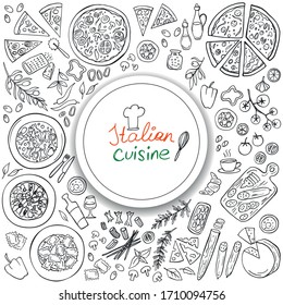 Set of Italian cuisine food isolated on white background. Doodle. Vector illustration. Perfect for food menu design template.