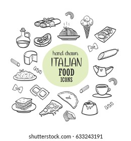 Set of Italian cuisine icons. Italian food hand drawn doodle icons.