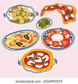 Set of Italian cuisine illustrations. Cartoon vector retro stickers of traditional products and dishes, caprese, seafood risotto, ravioli, margherita pizza, tiramisu. Italian food set