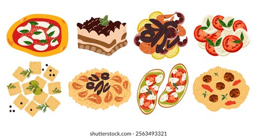 Set of Italian cuisine illustrations. Cartoon vector retro stickers of traditional products and dishes, caprese, seafood risotto, ravioli, margherita pizza, tiramisu. Italian food set