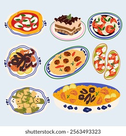 Set of Italian cuisine illustrations. Cartoon vector retro stickers of traditional products and dishes, caprese, seafood risotto, ravioli, margherita pizza, tiramisu. Italian food set