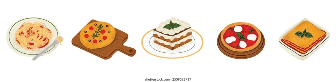 Set of Italian cuisine illustrations. Spaghetti pasta, focaccia bread, tiramisu dessert, Margherita pizza, and lasagna. Traditional Italian food, flat vector design isolated on white background