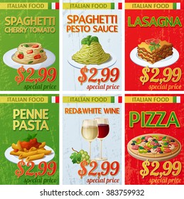 Set of Italian cuisine labels. Cartoon vector illustration. Design templates of food banners.