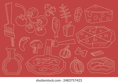 Conjunto de platos e ingredientes italianos. Comida e ingredientes tradicionales italianos. ilustraciones de esquema de Vector. Pizza, espagueti, pasta, hierbas, aceite de oliva.