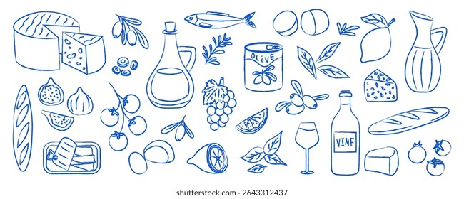 Conjunto de pratos italianos em estilo azul mediterrâneo. Limão, tomate, azeitona, queijo, sardinha, vinho, manjericão. Estética Dolce Vita. Ilustração vetorial.