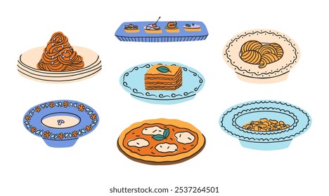 Set of Italian dishes. Pasta, lasagna, pizza with mozzarella, gnocchi. Colorful bright vector illustration in modern style
