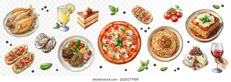 Conjunto de pratos italianos: espaguete, ostras, pizza, peixe, lasanha, queijo, bife, vinho. Aquarela. Vetor.