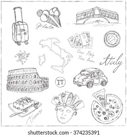 Set of italian drawings. Sketches. Hand-drawing. Vector illustration of for design menus, and packages product. Vector Illustration.