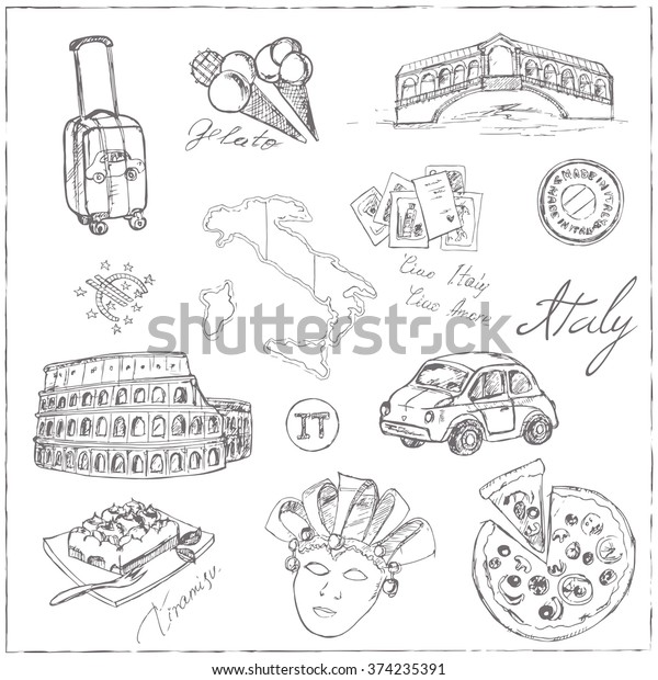 Set of italian drawings. Sketches.
Hand-drawing. Vector illustration of for design menus, and packages
product. Vector
Illustration.