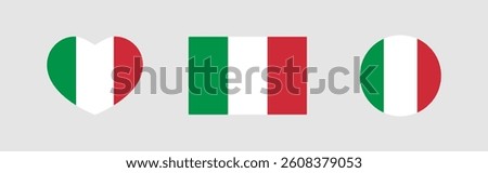 Set of Italian flag icons. Italian flag in a shape of a heart. Italy flag flat vector illustration.