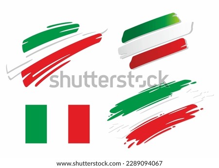 Set of italian flags, in different styles - correct, brush, marker and swoosh design. Represents the state of Italy.