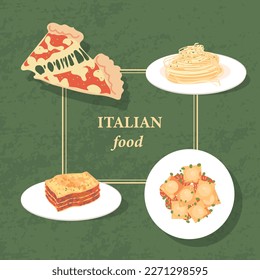 Cocina italiana. Cocina italiana. Spaghetti carbonara, pizza, pasta, raviolis, lasaña. Dos rebanadas de pizza con queso estirado. Platos en platos. Ilustraciones vectoriales