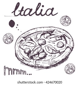 set of Italian food for design menu. Vintage fast food background. Hand drawn illustration