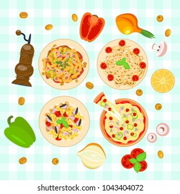 Set of Italian food dishes isolated. Top view for Mediterranean cuisine in flat design. Vector illustration eps 10