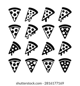 Set of italian food graphics, triangular pizza portions, pepperoni topping symbols, fast food snack flat illustrations.