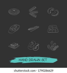 Set of italian food icons line style symbols with riccioli pasta shape, bucatini pasta shape, creste di gallo pasta shape and other icons for your web mobile app logo design.
