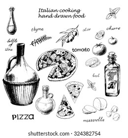 Set of Italian food and ingredients, hand-drawn vector illustration in vintage style.