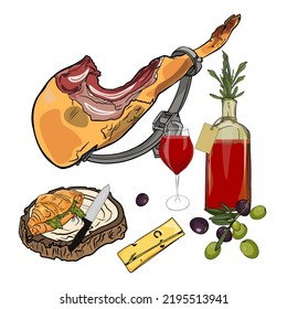 Set of Italian food. Jamon on a stand, a bottle of wine, olives, cheese as a blank for a designer, logo, label, icon