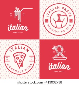 Set Of Italian Food Logo, Badges, Banners, Emblem For Fast Food, Pizza, Spaghetti, Pasta Restaurant. Vector Illustration.