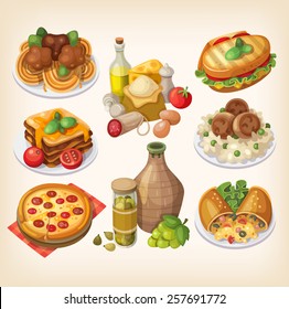 Set of italian food, products and other elements of italian cuisine.