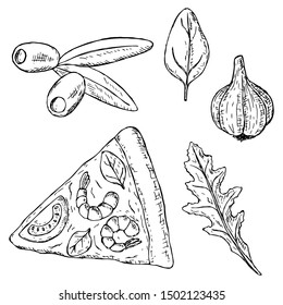 Set of italian food. Vector cartoon illustrations. Isolated objects on a white background. Hand-drawn style.