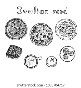 Set of Italian food, vector illustration, pasta, pizza, gnocchi, tiramisu, panacotta and coffee, hand drawing