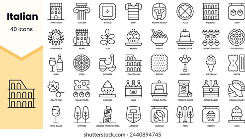 Set of italian icons. Simple line art style icons pack. Vector illustration