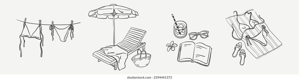 Set of Italian marine beach drawings. Voyage sea vacation vector of beach chair and umbrella, swimsuits, book. Hand drawn dolce vita weekend element in doodle sketch style.	