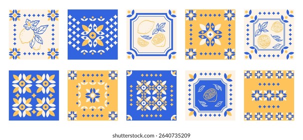 Set Italian Mediterranean ornaments and tiles with lemon and floral motifs in yellow and blue. Vector ceramic tile collection featuring citrus fruit, geometric elements, and decorative floral pattern.