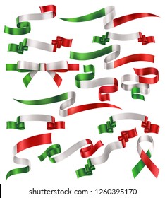 Set of Italian or Mexican flag ribbons, vector collection of decorative elements and banners, decoration for italian or Mexican holidays. EPS 10 contains transparency.