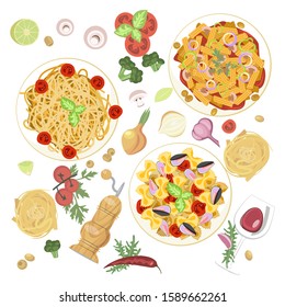 Set of Italian pasta dishes isolated. Top view for Mediterranean cuisine in flat design. Flat Art Vector Illustration