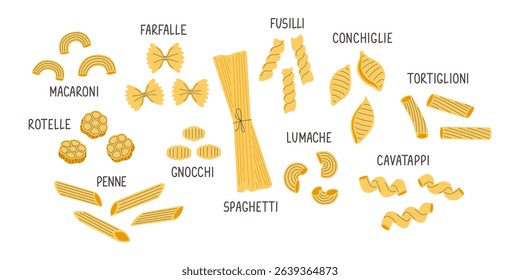 Set of Italian pasta. Food flat illustration. Lettering fusilli, rotelle, conchiglie, gnocchi, farfalle, penne, macaroni, lumache, cavatappi, tortiglioni, spaghetti. Vector elements for logo, menu.