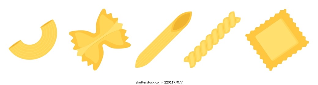 set of italian pasta icons: macaroni, farfalle, penne, fusilli, ravioli - vector illustration