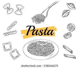 Set Italian pasta fork   plate  Farfalle  conchiglie  penne  fusilli  spaghetti  Vector vintage black illustration isolated white background  Engraving style  