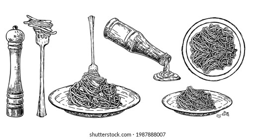 Set Italian pasta on fork and plate. Traditional Italian pasta. Spaghetti sauce, spices and seasonings. Vector vintage illustration isolated on white. Engraving style. Hand drawing sketch.