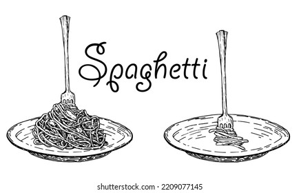 Set Italian pasta on fork and plate. Traditional Italian pasta. Spaghetti sauce, spices and seasonings. Vector vintage illustration isolated on white. Engraving style. Hand drawing sketch.