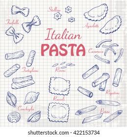 Set Italian pasta on paper. Vector  illustration for your design