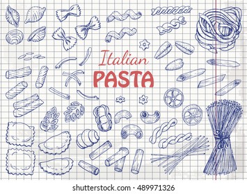 Set of Italian pasta on paper. Vector illustration for your design