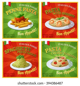 Set of Italian pasta posters. Cartoon vector illustration. Design templates of food banners