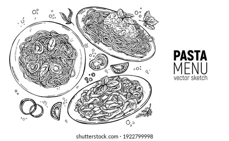 Set of Italian pastes. Carbonara, bolognese, vegetarian. Hand drawing sketch.