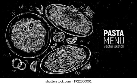 Set of Italian pastes. Carbonara, bolognese, vegetarian. Hand drawing sketch.