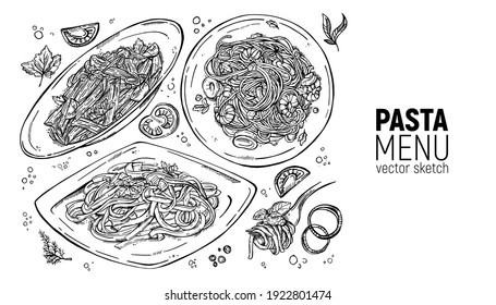 Set of Italian pastes. Carbonara, with chicken and tomatoes, seafood, bolognese on a fork. Hand drawing.